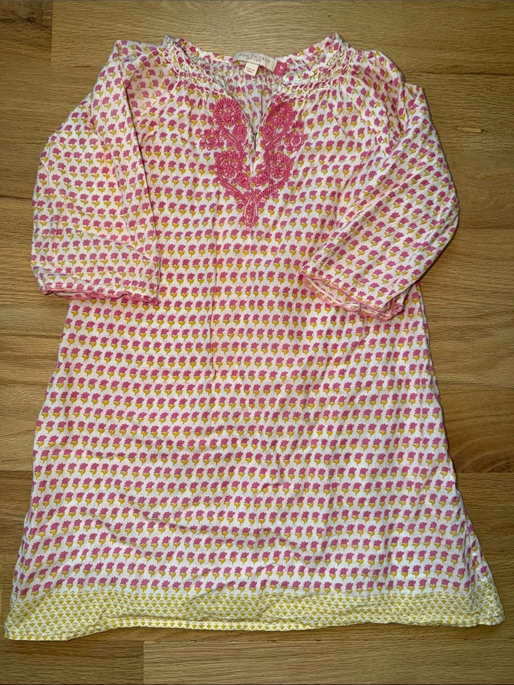 Pink Chicken Pink/Yellow Floral Block Print Cotton Embroidered Tunic Dress Sz 5y